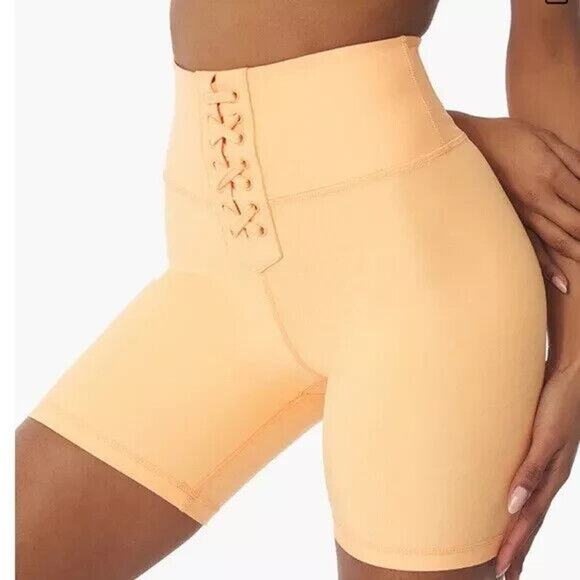 We Wore What Lace Up Corset High Rise Biker Shorts Peach Stretch Size Small 6" - Picture 1 of 10